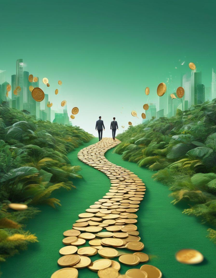 An abstract pathway symbolizing financial freedom, lined with various mutual fund icons such as coins, graphs, and charts, leading towards a bright horizon. Include a diverse group of people confidently walking along the path, showcasing collaboration and diverse strategies in finance. Use a color palette of greens and golds to suggest wealth and prosperity. super-realistic. vibrant colors. 3D.