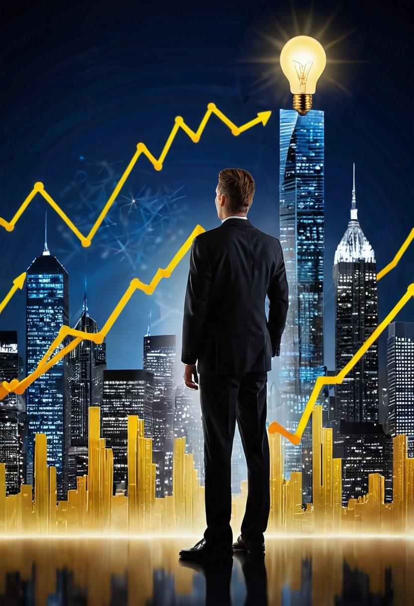 A confident individual standing on a graph showing upward trends in investments, surrounded by symbols of wealth like gold coins and stock market charts. Include a glowing light bulb above their head to signify smart ideas and strategies. The background should have a city skyline, representing opportunities. super-realistic. vibrant colors. 3D.